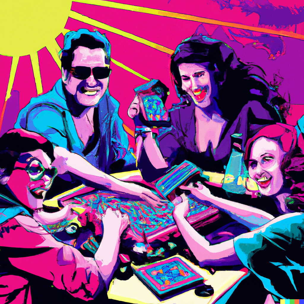 DALL·E-2023-02-05-08.37.12-A-synthwave-style-propaganda-poster-of-a-group-of-male-and-female-friends-playing-a-board-game-
