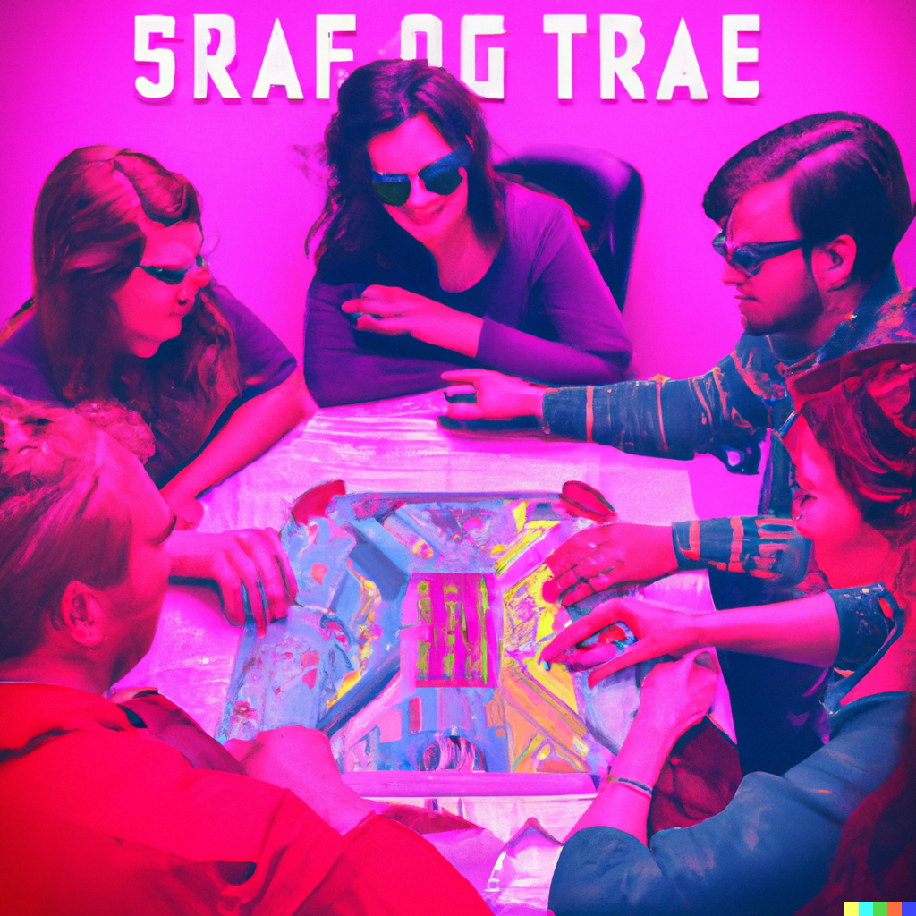 DALL·E-2023-02-05-08.37.39-A-synthwave-style-propaganda-poster-of-a-group-of-male-and-female-friends-playing-a-board-game-