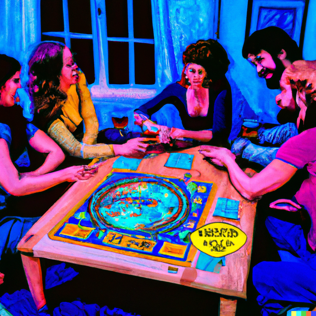 DALL·E-2023-02-05-08.39.25-A-synthwave-van-gogh-poster-of-a-group-of-male-and-female-friends-playing-a-board-game-
