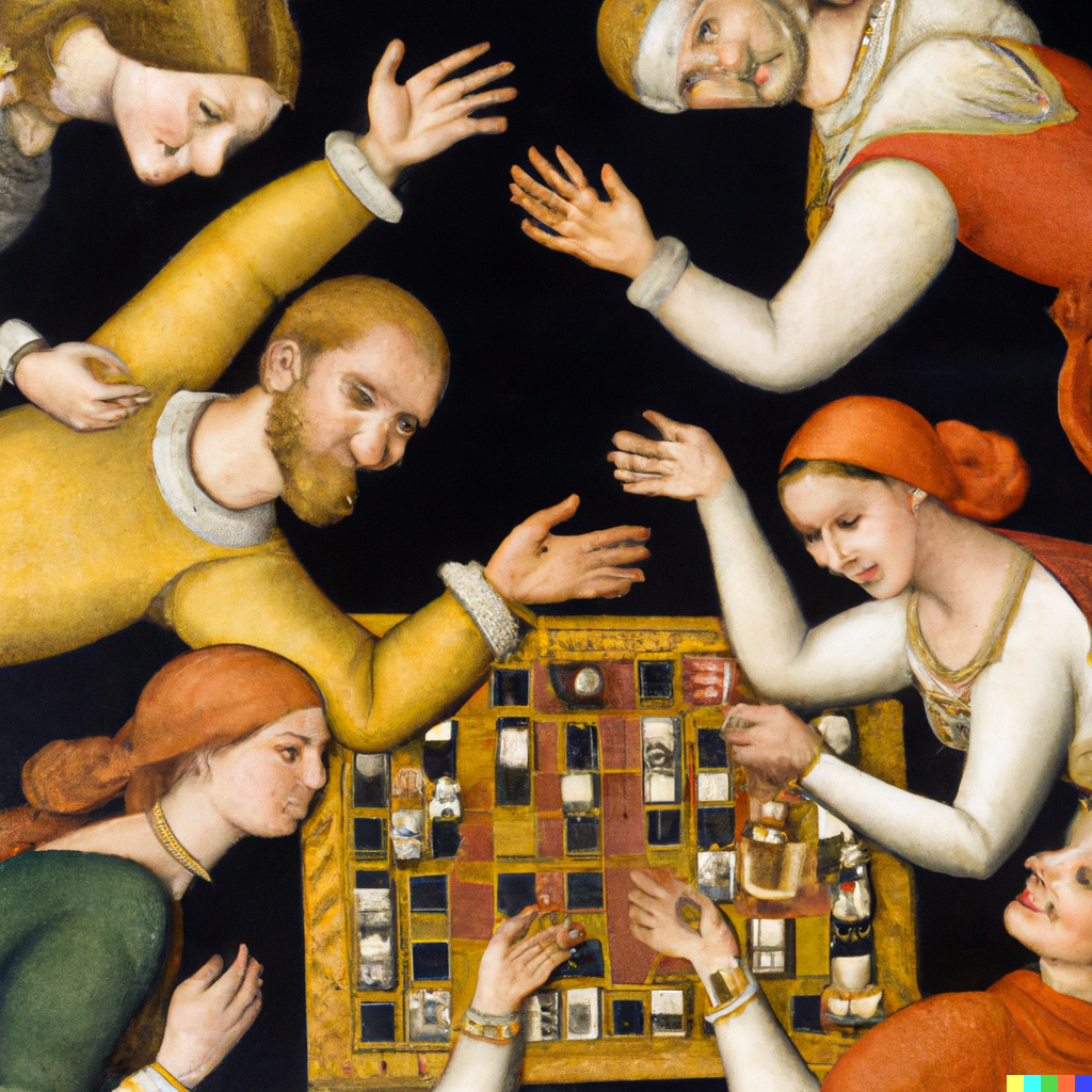 DALL·E-2023-02-05-08.43.06-A-medieval-painting-of-a-group-of-male-and-female-friends-playing-a-board-game-