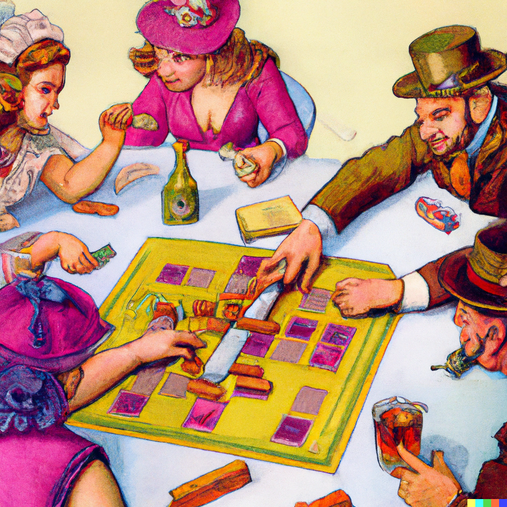 DALL·E-2023-02-05-08.44.46-A-retro-painting-of-a-group-of-male-and-female-friends-playing-a-board-game-