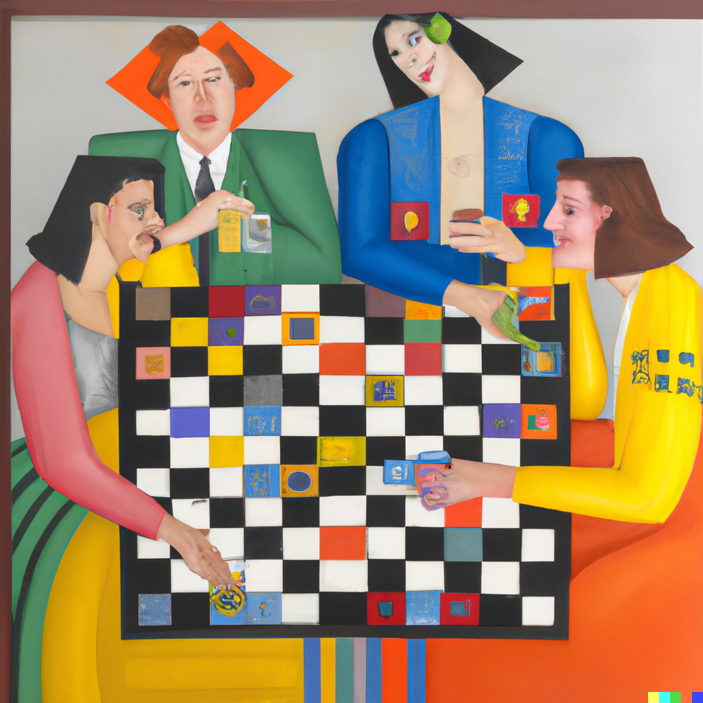 DALL·E-2023-02-05-08.45.52-A-De-Stijl-painting-of-a-group-of-male-and-female-friends-playing-a-board-game-