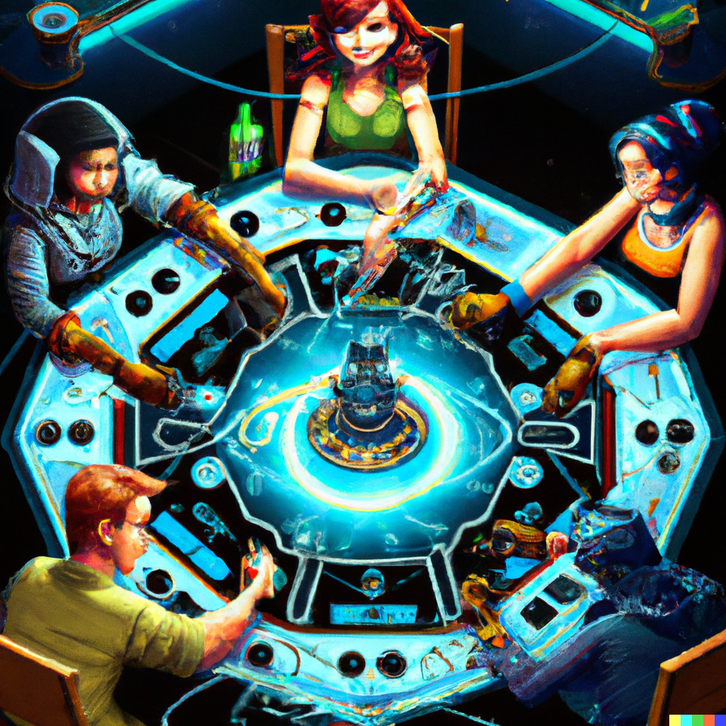 DALL·E-2023-02-05-09.01.57-A-science-fiction-poster-of-a-group-of-male-and-female-friends-playing-a-board-game-