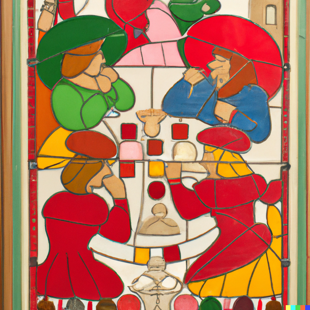 DALL·E-2023-02-05-09.35.24-A-stained-glass-of-a-group-of-male-and-female-friends-playing-a-board-game-