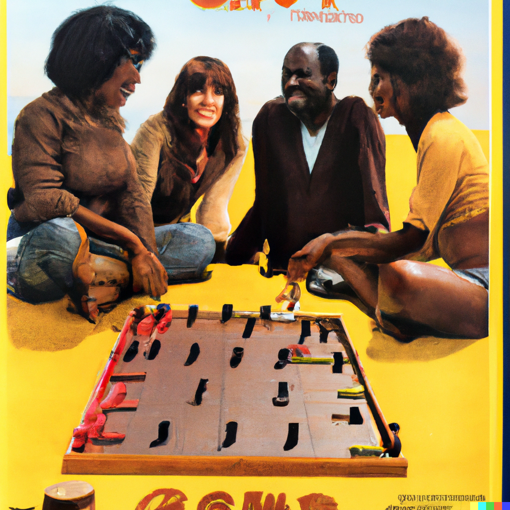 DALL·E-2023-02-05-09.57.23-A-70s-movie-poster-of-a-group-of-male-and-female-friends-playing-a-board-game-