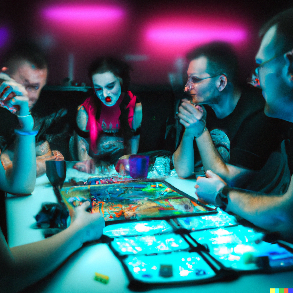 DALL·E-2023-02-05-09.58.25-A-cyberpunk-painting-of-a-group-of-male-and-female-friends-playing-a-board-game-