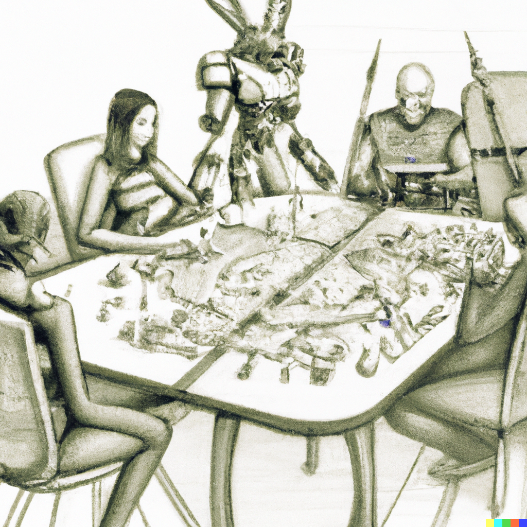 DALL·E-2023-02-05-10.00.51-A-sci-fi-space-opera-drawing-with-pencil-of-a-group-of-male-and-female-friends-playing-a-board-game-