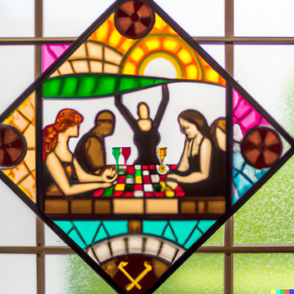 DALL·E-2023-02-05-10.03.46-A-stained-glass-window-of-a-group-of-male-and-female-friends-playing-a-board-game-